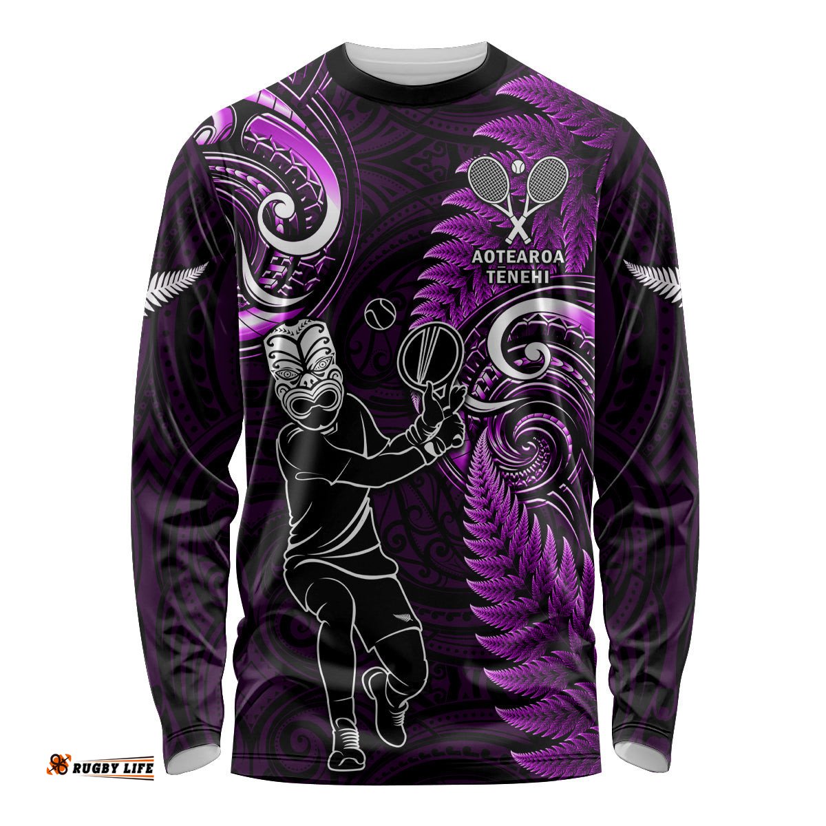 Custom New Zealand Tiki Tennis Long Sleeve T-shirt 2024 Aotearoa Tenehi Maori Silver Fern Purple