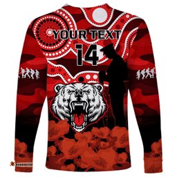 Custom Text And Number North Sydney Rugby ANZAC Long Sleeve T-shirt Bears Indigenous Mix Camouflage Poppy