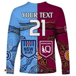 Custom Text And Number Blues and Maroons Rugby Long Sleeve T-shirt State of Origin NSW Combine Queensland Aboriginal 2023