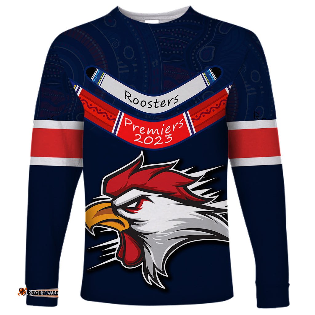 Custom Roosters Permier Long Sleeve T-shirt NRL Mascot with Aboriginal