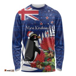 New Zealand Christmas In July Long Sleeve T-shirt Fiordland Penguin With Pohutukawa Flower