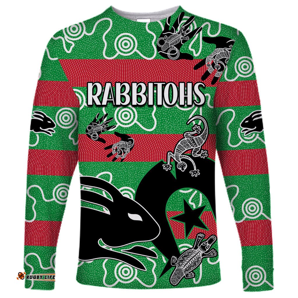 Custom Text And Number NAIDOC Rabbitohs Rugby Long Sleeve T-shirt Go The Bunnies Aboriginal Dots