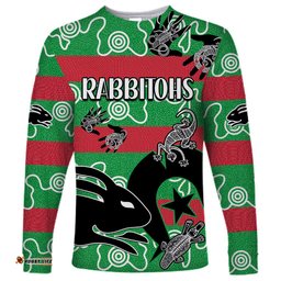 Custom Text And Number NAIDOC Rabbitohs Rugby Long Sleeve T-shirt Go The Bunnies Aboriginal Dots