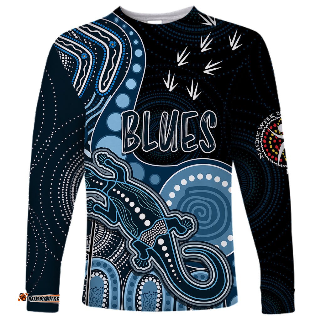 Personalised NAIDOC Week AFL Blues Long Sleeve T-shirt Aboriginal Dot Art Lizard Mix Boomerang