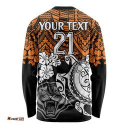 Custom Wests Tigers Rugby Long Sleeve T-shirt Hibiscus and Turtle With Polynesian Pattern