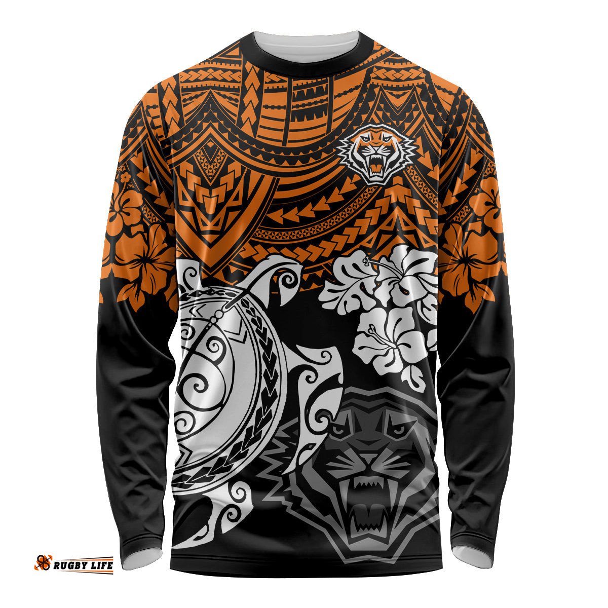 Custom Wests Tigers Rugby Long Sleeve T-shirt Hibiscus and Turtle With Polynesian Pattern