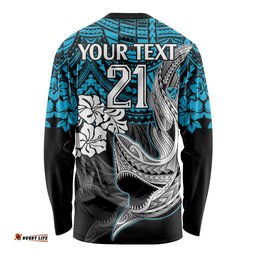 Custom Sharks Rugby Long Sleeve T-shirt Hibiscus and Sharkies Tattoo With Polynesian Pattern