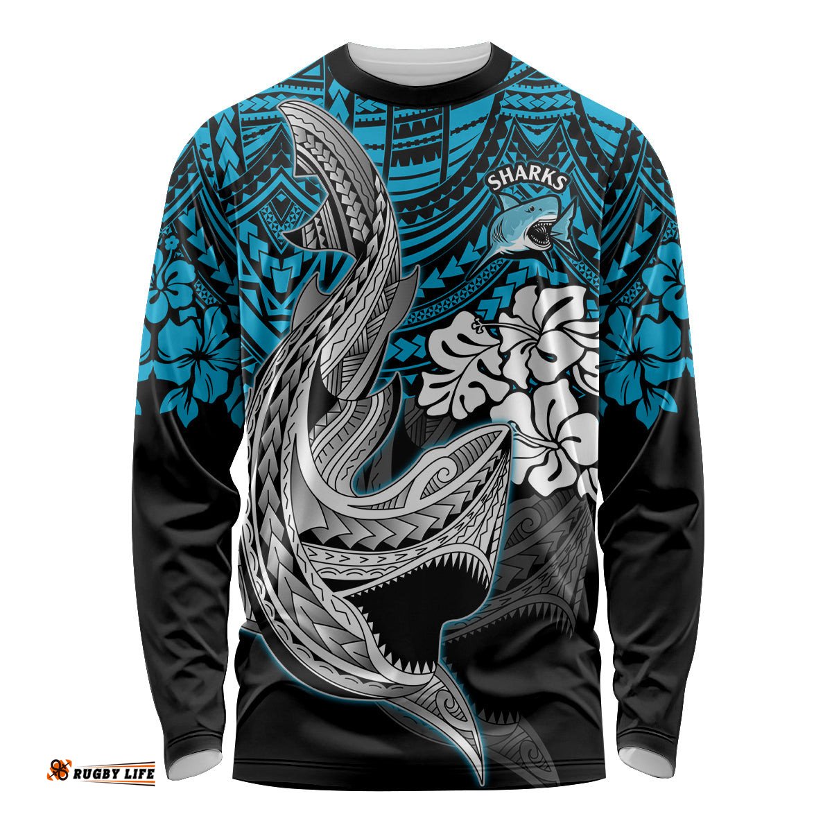 Custom Sharks Rugby Long Sleeve T-shirt Hibiscus and Sharkies Tattoo With Polynesian Pattern