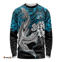 Custom Sharks Rugby Long Sleeve T-shirt Hibiscus and Sharkies Tattoo With Polynesian Pattern