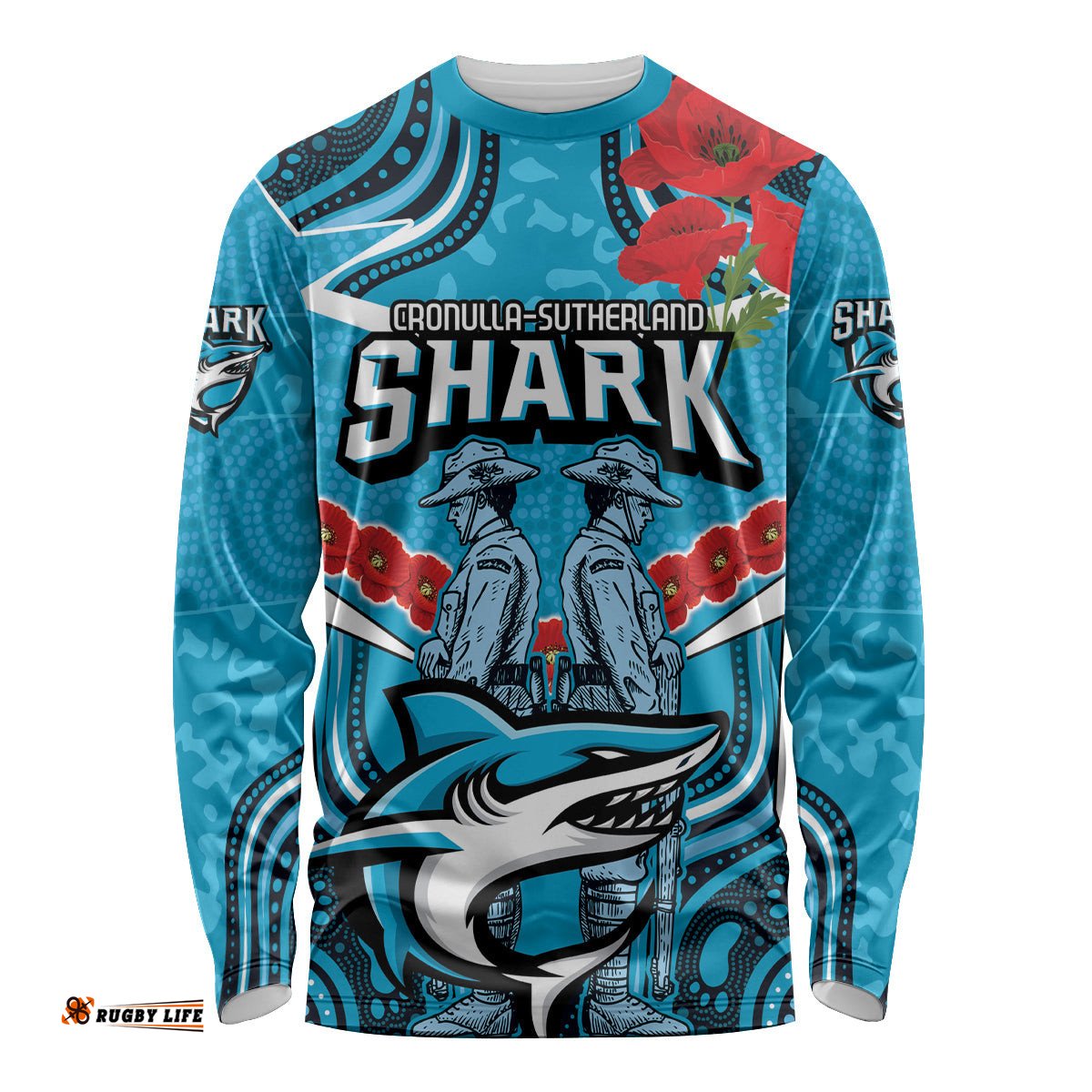 Custom Sharks Rugby ANZAC Long Sleeve T-shirt Gallipoli Soldier With Aboriginal Art