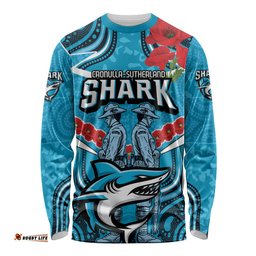Custom Sharks Rugby ANZAC Long Sleeve T-shirt Gallipoli Soldier With Aboriginal Art