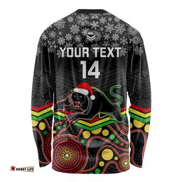 Custom Panthers Rugby Christmas Long Sleeve T-shirt Merry Xmas Mix Aboriginal Art Black Version