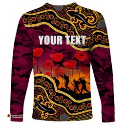 Custom Personalised Anzac Day NRL Broncos Long Sleeve T-shirt Aboriginal Lizard Patterns