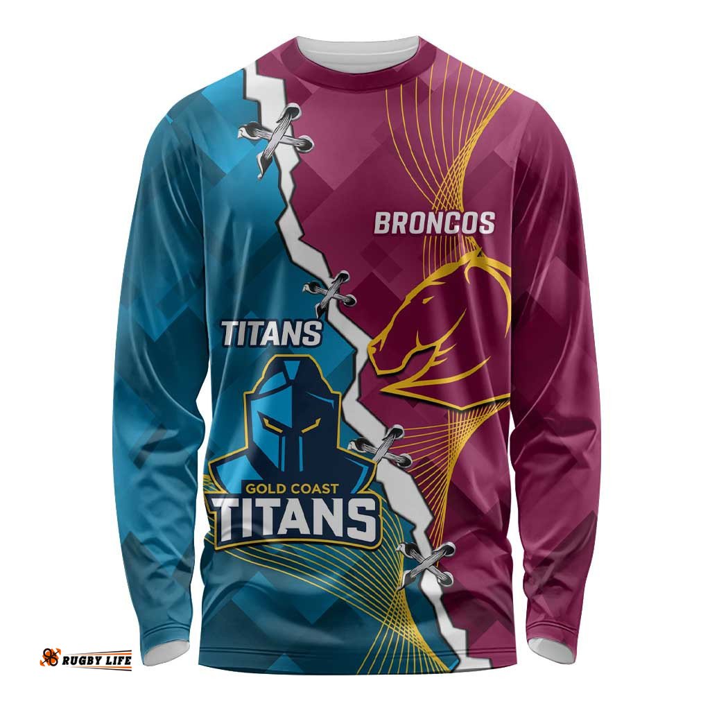 Custom Broncos And Titans Rugby 2024 Long Sleeve T-shirt Dynamic Style
