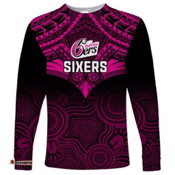 Custom Sydney Sixers Cricket Long Sleeve T-shirt Unique Indigenous Art Mix Polynesian Pattern