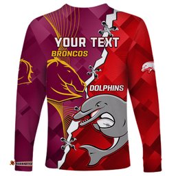 Custom Personalised Broncos Mix Dolphins Rugby Long Sleeve T-shirt Sporty Style