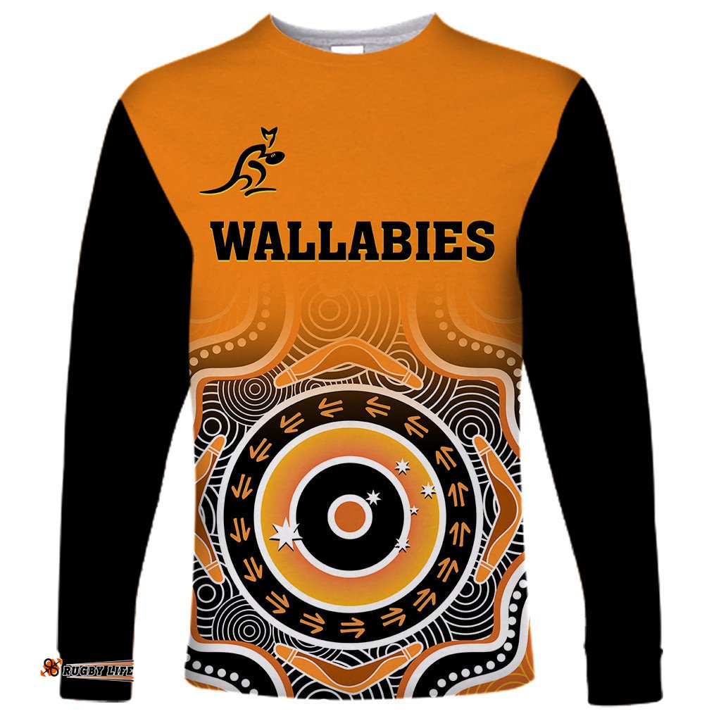 Custom Text And Number Wallabies Rugby Long Sleeve T-shirt Aussie Go Champions Indigenous Orange