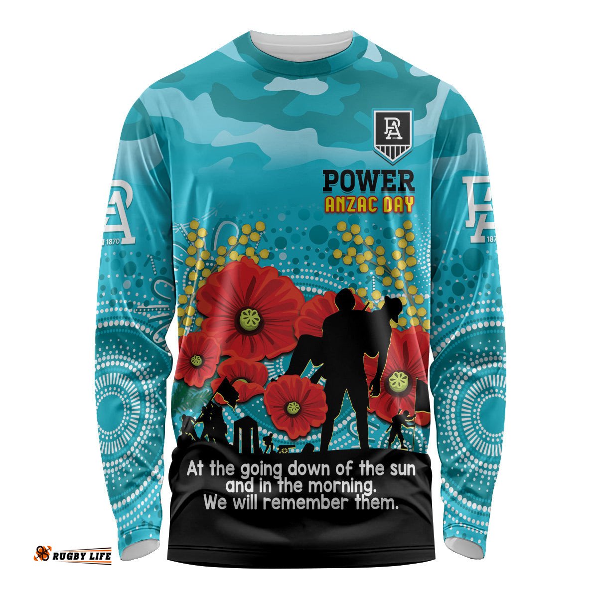 Custom Port Adelaide Football ANZAC Long Sleeve T-shirt Gallipoli Camouflage With Poppies