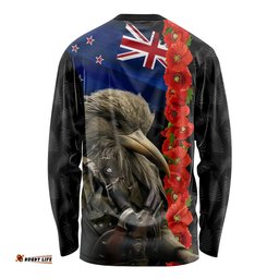 New Zealand Kiwi Soldier ANZAC Long Sleeve T-shirt Red Poppy Flower and Silver Fern Pattern