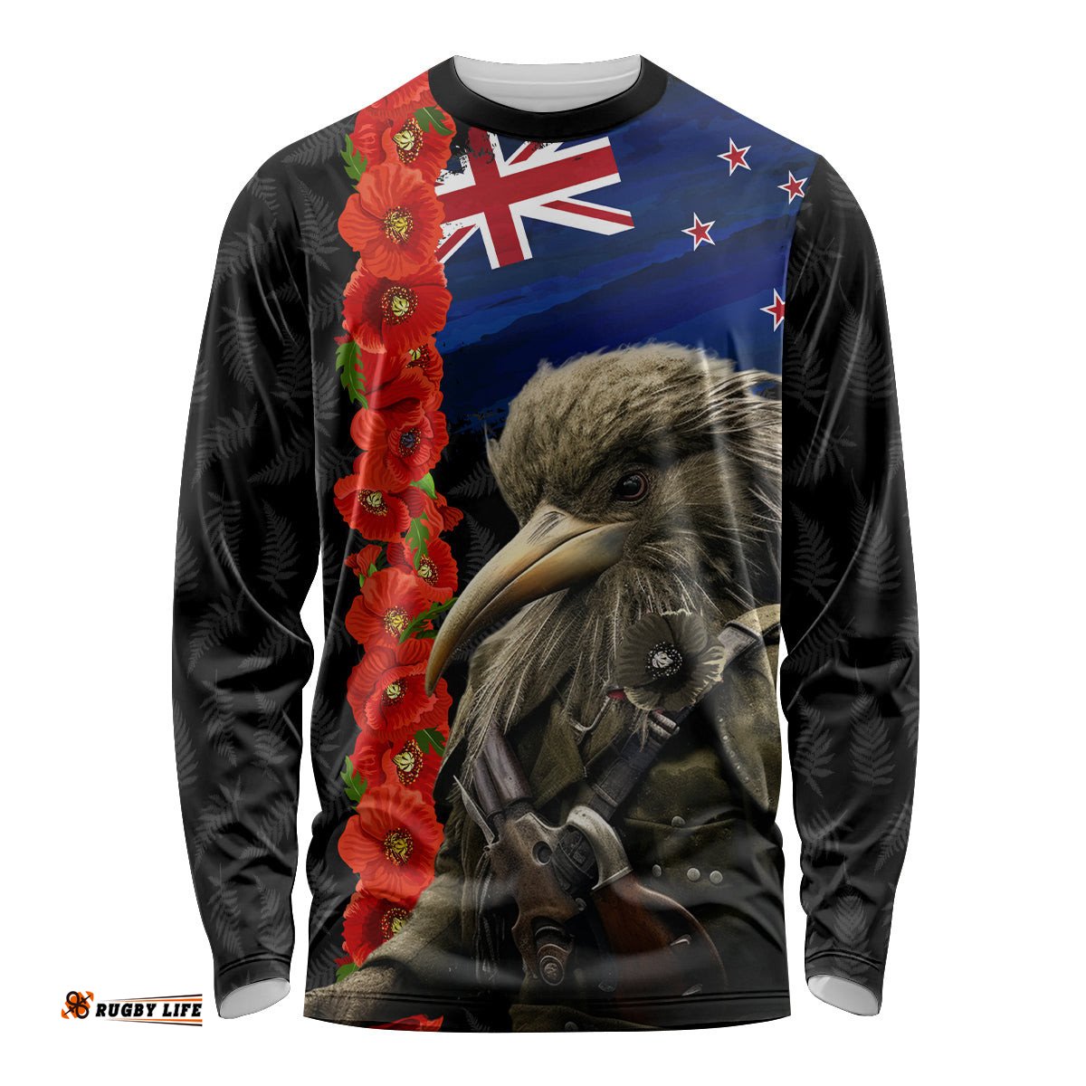 New Zealand Kiwi Soldier ANZAC Long Sleeve T-shirt Red Poppy Flower and Silver Fern Pattern