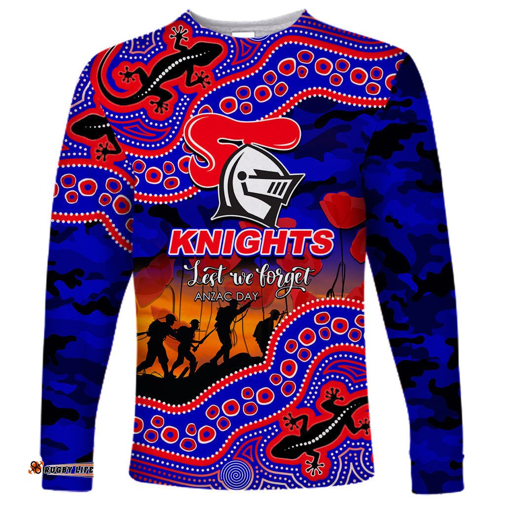 Custom Personalised Anzac Day NRL Knights Long Sleeve T-shirt Aboriginal Lizard Patterns