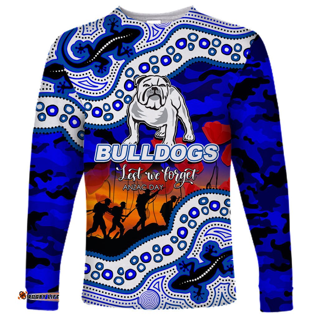 Custom Personalised Anzac Day NRL Bulldogs Long Sleeve T-shirt Aboriginal Lizard Patterns