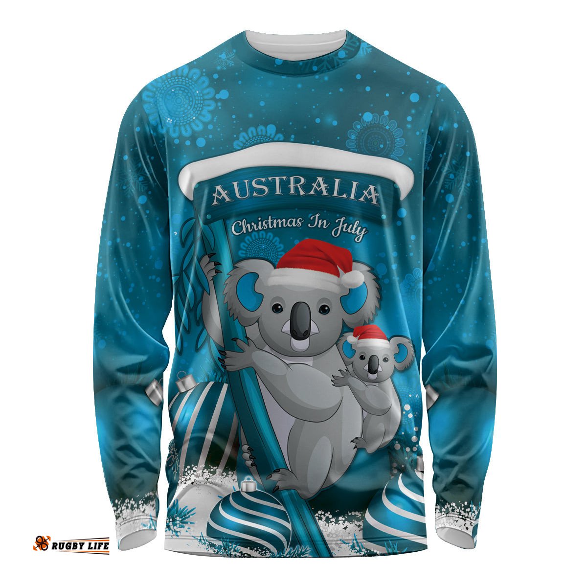 Australia Christmas In July Long Sleeve T-shirt Mommy and Baby Koala Santa Blue