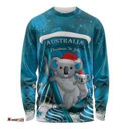 Australia Christmas In July Long Sleeve T-shirt Mommy and Baby Koala Santa Blue