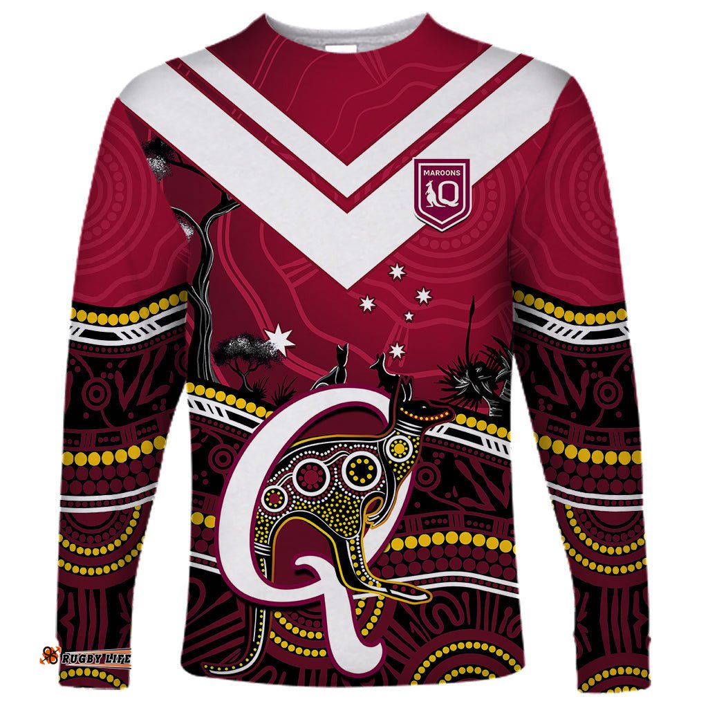 Personalised QLD Maroons Rugby Long Sleeve T-shirt Go Queensland Kangaroo Indigenous