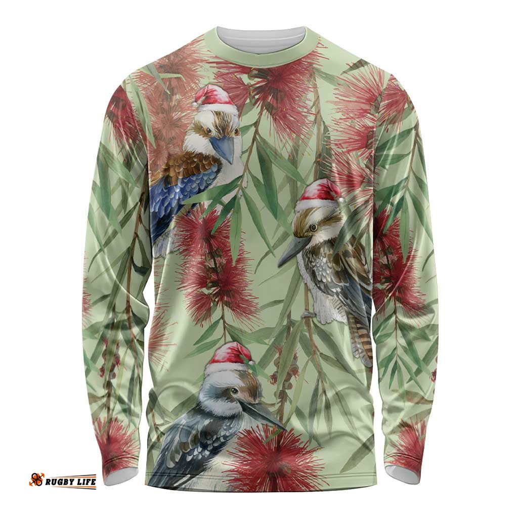 Australia Christmas Long Sleeve T-shirt Kookaburra Santa on Callistemon Pastel