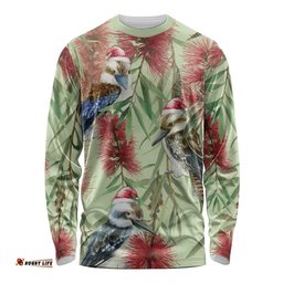 Australia Christmas Long Sleeve T-shirt Kookaburra Santa on Callistemon Pastel