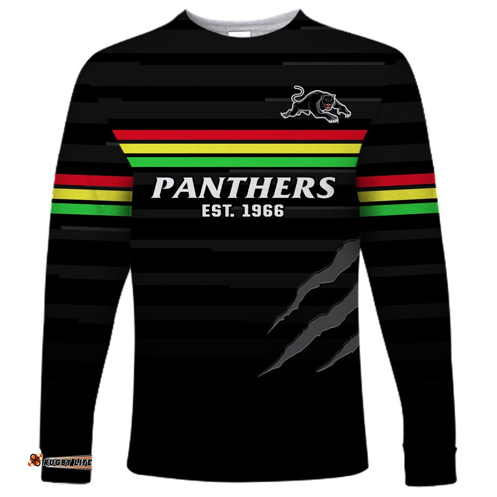 Custom Text And Number Penrith Panthers Rugby Long Sleeve T-shirt The Riff Est 1966 Black Sporty