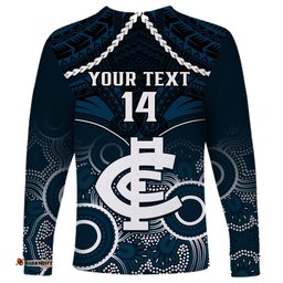 Personalised Carlton Football Long Sleeve T-shirt Blues Aboriginal Mix Polynesian Pattern