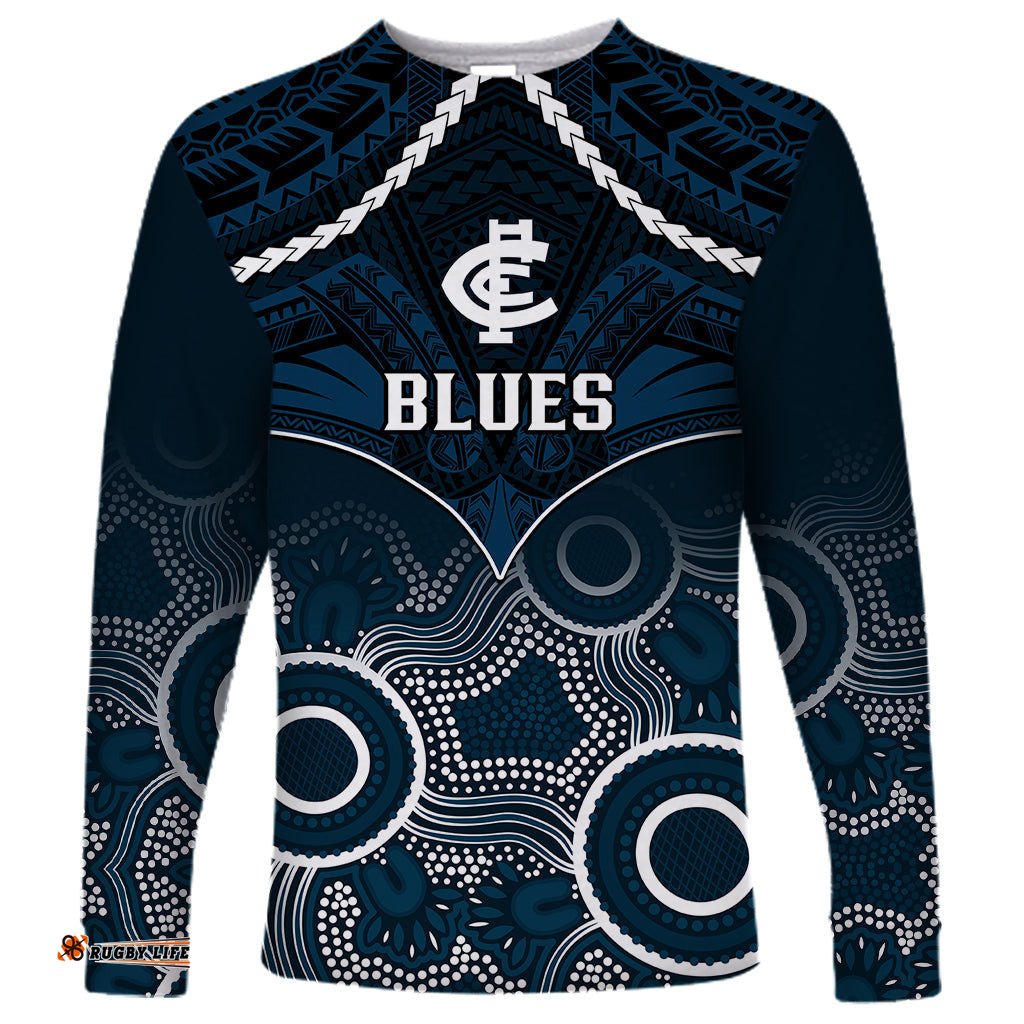 Personalised Carlton Football Long Sleeve T-shirt Blues Aboriginal Mix Polynesian Pattern