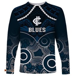 Personalised Carlton Football Long Sleeve T-shirt Blues Aboriginal Mix Polynesian Pattern