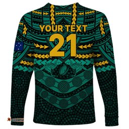 Custom Wallabies Rugby Long Sleeve T-shirt Polynesian and Aboriginal Special Green Version
