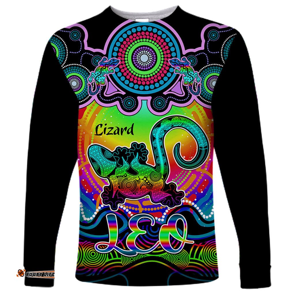 Personalised Australia Leo Lizard Zodiac Long Sleeve T-shirt Auz Astrology Aboriginal Rainbow