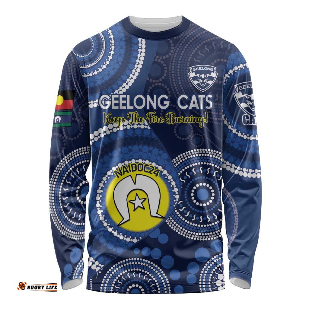 Custom AFL Geelong NAIDOC Week Long Sleeve T-shirt Keep The Fire Burning Indigenous Art