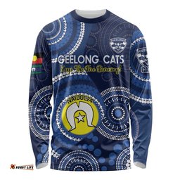 Custom AFL Geelong NAIDOC Week Long Sleeve T-shirt Keep The Fire Burning Indigenous Art