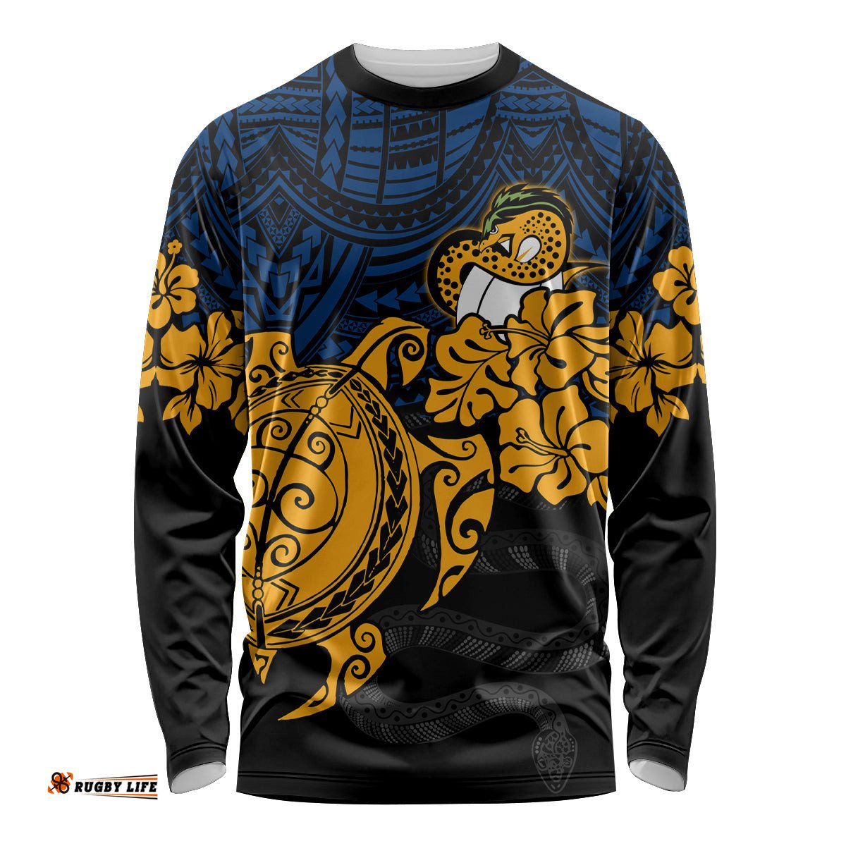 Custom Parra Eels Rugby Long Sleeve T-shirt Hibiscus and Turtle With Polynesian Pattern