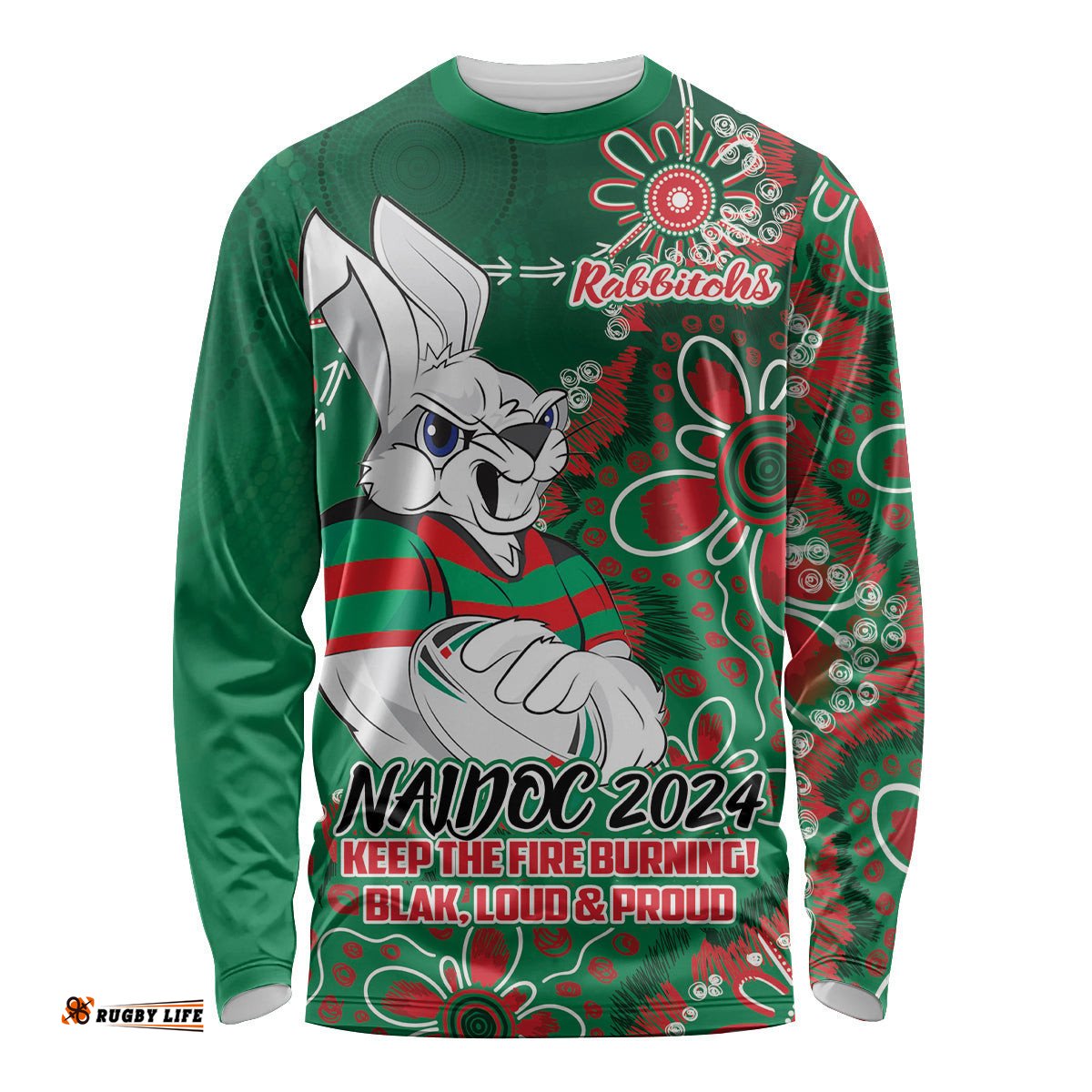 Personalised Rabbitohs NAIDOC Week 2024 Long Sleeve T-shirt Aboriginal Fire Burning Sparks