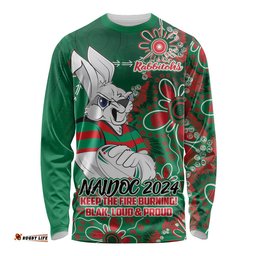 Personalised Rabbitohs NAIDOC Week 2024 Long Sleeve T-shirt Aboriginal Fire Burning Sparks