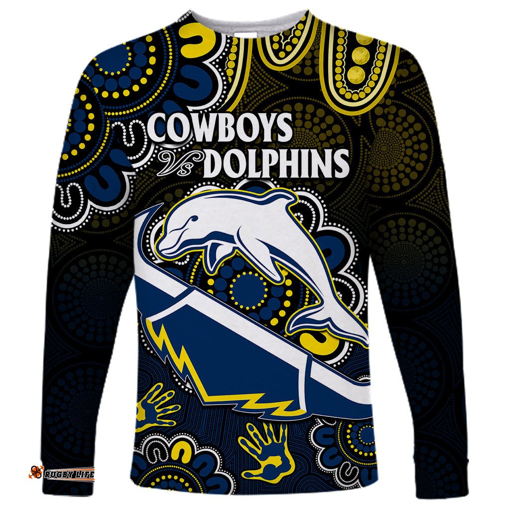 Custom Text And Number NRL Combine Dolphins and Cowboys Long Sleeve T-shirt Aboriginal