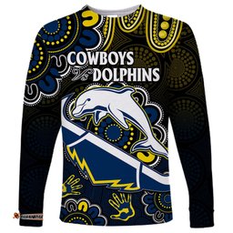 Custom Text And Number NRL Combine Dolphins and Cowboys Long Sleeve T-shirt Aboriginal