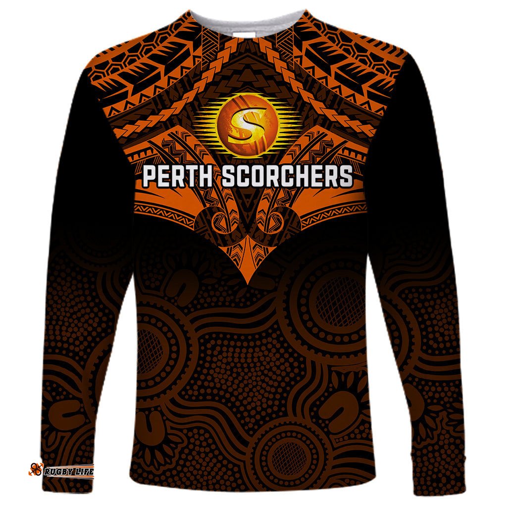 Custom Perth Scorchers Cricket Long Sleeve T-shirt Unique Indigenous Art Mix Polynesian Pattern