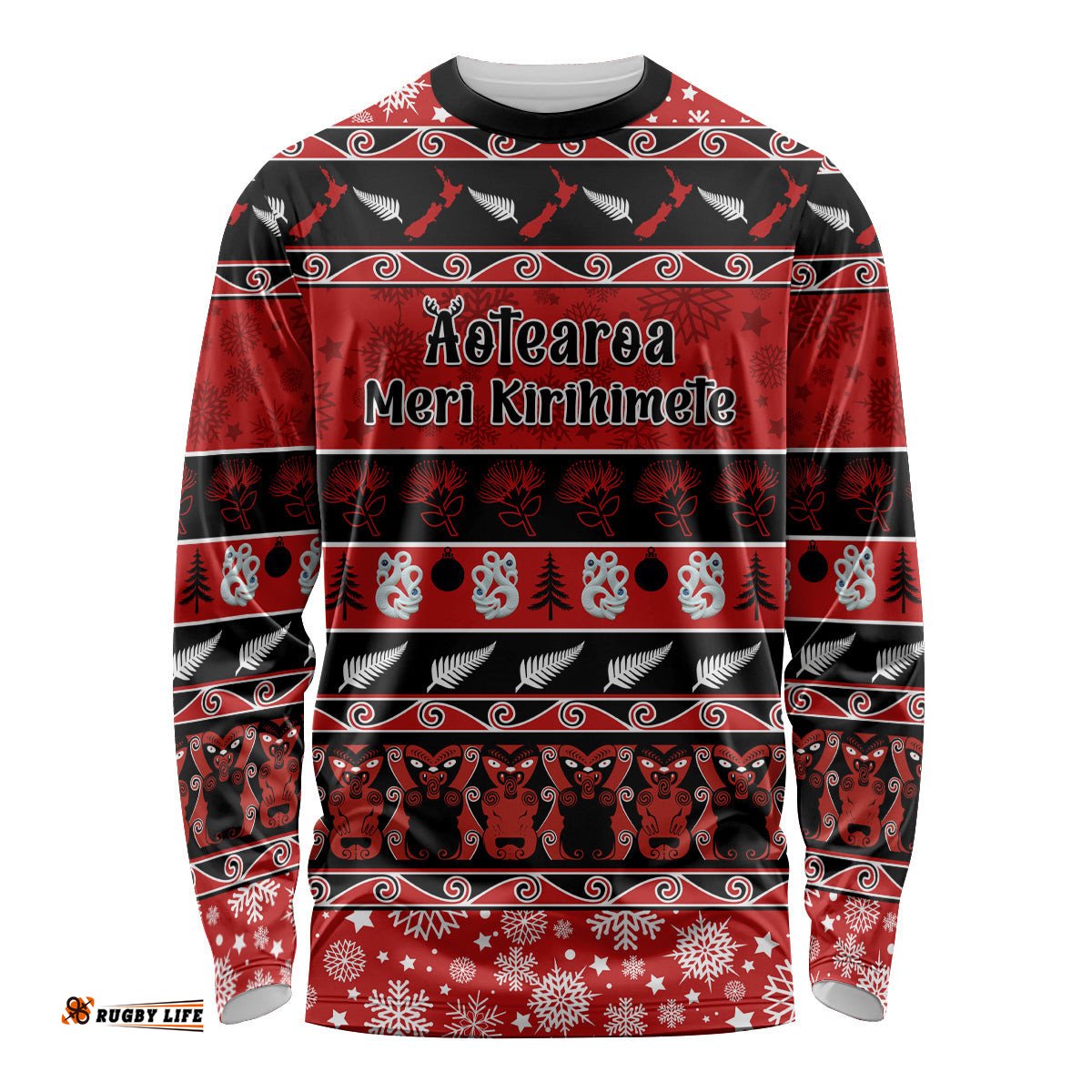 Personalised New Zealand Christmas Long Sleeve T-shirt Aotearoa Kiwi Meri Kirihimete Red Version