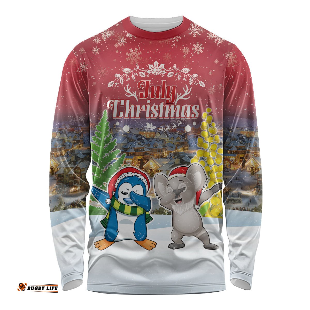 Personalised Christmas In July Long Sleeve T-shirt Funny Dabbing Dance Koala And Blue Penguins