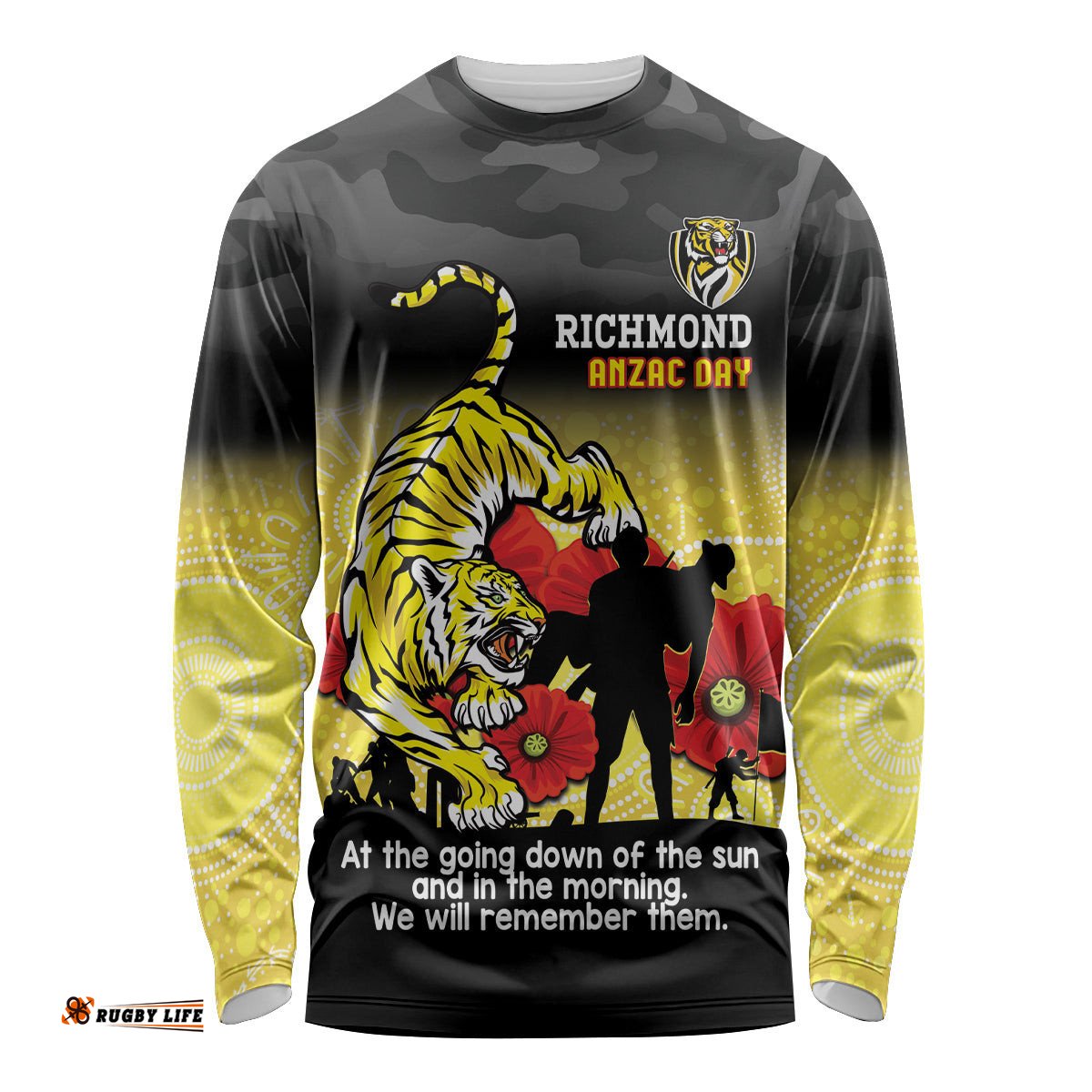 Custom Richmond Football ANZAC Long Sleeve T-shirt Gallipoli Camouflage With Poppies