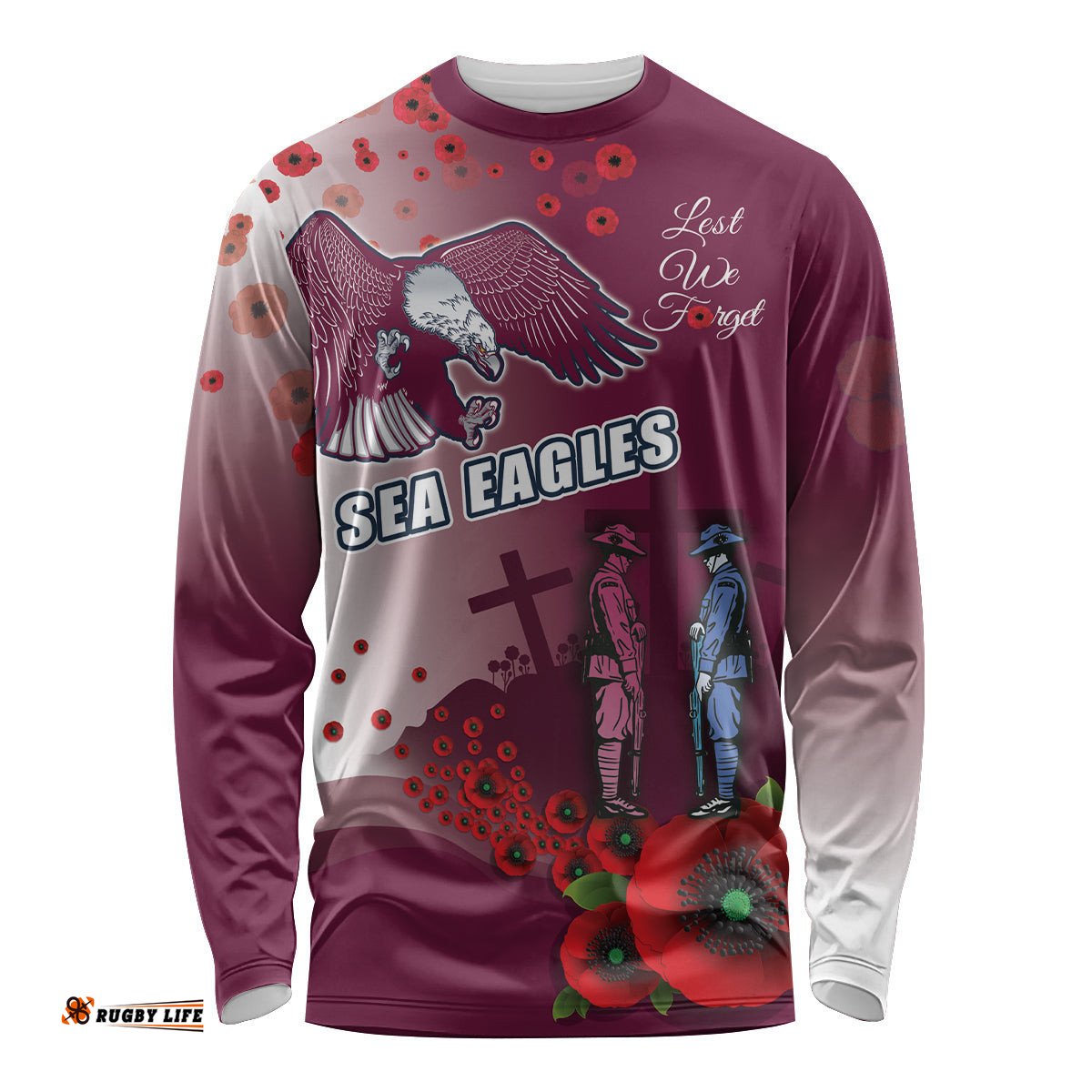 Custom Sea Eagle Rugby ANZAC Long Sleeve T-shirt The Military Soldiers with Red Poppy