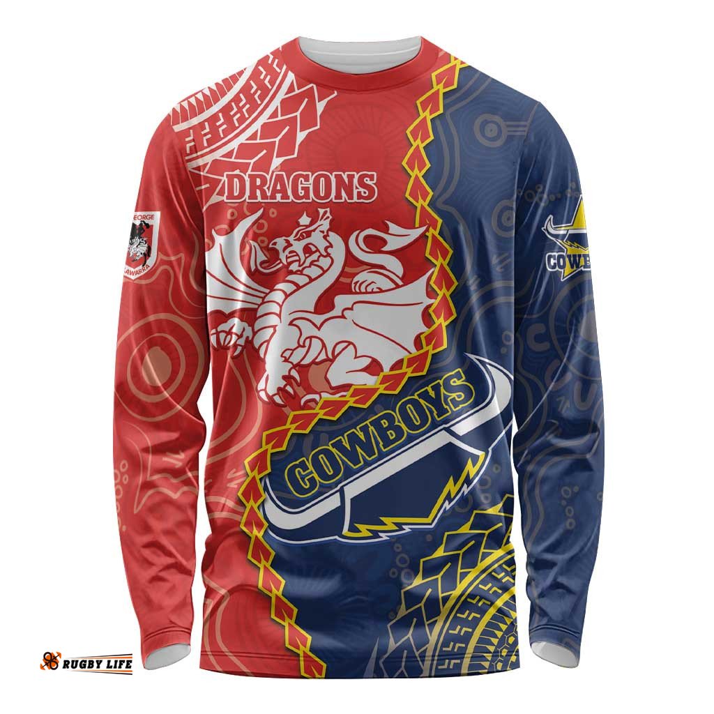 Custom Dragons And Cowboys Rugby Long Sleeve T-shirt Aboriginal Mix Polynesian Pattern